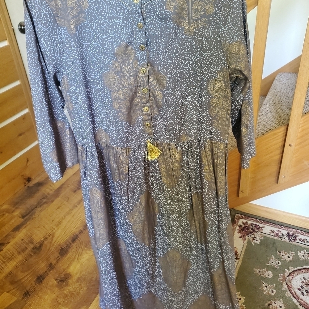 Melange Lifestyle Blue Gold Block Print Viscose Maxi Dress Tassel Pockets XL - Picture 5 of 13